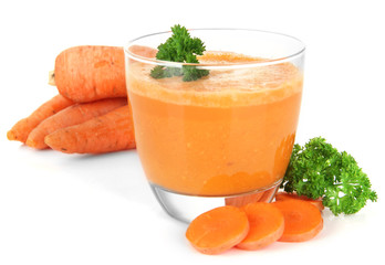 Fresh carrot juice isolated on white