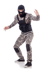 Soldier in camouflage isolated on white