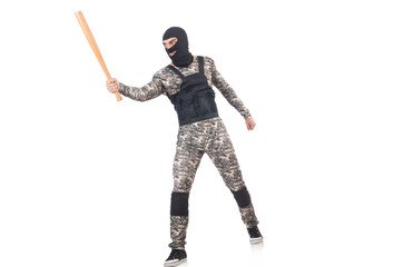 Soldier with baseball bat isolated on white