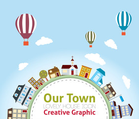 Our Town with Lovely House Icons  (hot air balloon in the sky)