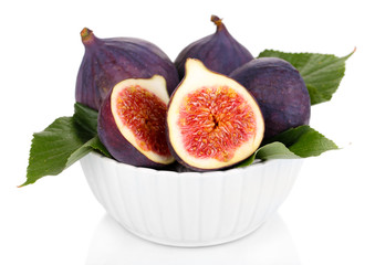 Ripe figs in bowl isolated on white
