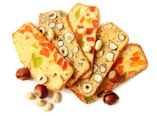 Biscotti with  nuts and candied fruits, isolated on white