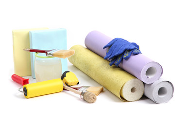 Wallpaper and accessories for glue wallpaper, isolated on white