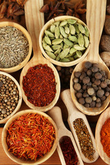 Many different spices and fragrant herbs