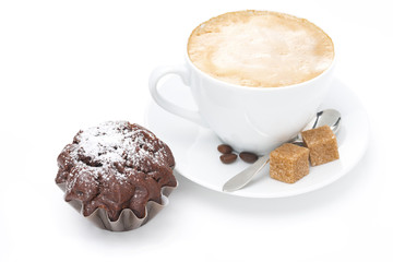 cup of cappuccino with brown sugar and chocolate cake, isolated