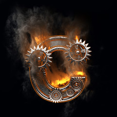 burning figure with gears