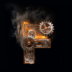 burning figure with gears