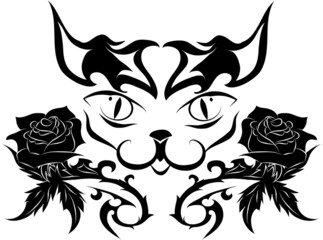 muzzle of a cat with roses - tattoo