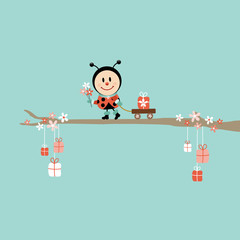 Ladybug Bouquet Pulling Handcart Tree Retro