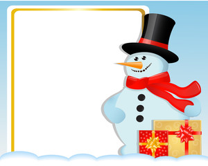Christmas card with a snowman and gifts