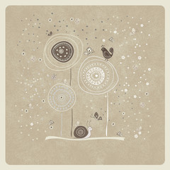 Stylish floral card with snail, bird and butterflies. Vector