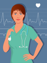 Young nurse or doctor in scrubs with a heart monitor