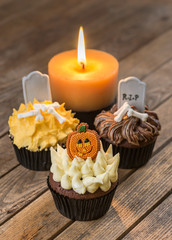 Halloween cupcakes and candlelight close up