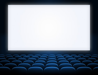 cinema screen with open blue seats - obrazy, fototapety, plakaty