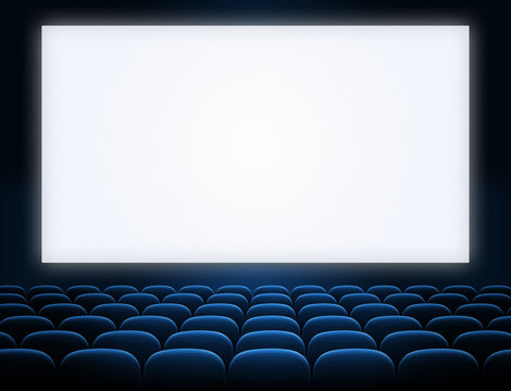 cinema screen with open blue seats