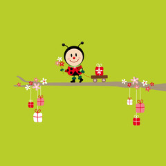 Ladybug Bouquet Pulling Handcart Tree Green
