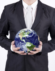 Close-up businessman hold globe - isolated