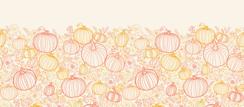 Vector Thanksgiving line art pumkins vertical seamless pattern
