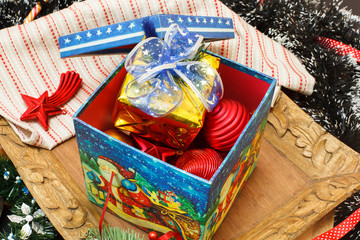 Fototapeta premium Christmas decorations in the box and gift box decoration.