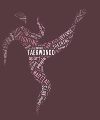 taekwondo pictogram with related wordings on pink background