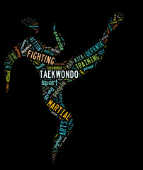 taekwondo pictogram with colorful related wordings on black back