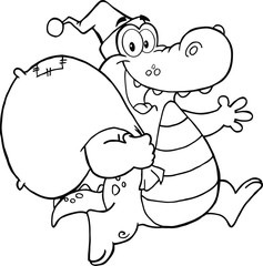 Black and White Crocodile Santa Character Running With Bag