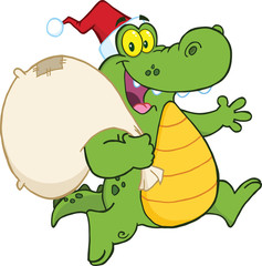 Crocodile Santa Cartoon Mascot Character Running With Bag