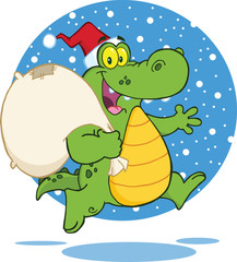 Crocodile Santa Cartoon Character Running With Bag