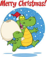 Merry Christmas Greeting With Crocodile Santa Running With Bag
