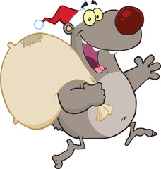 Santa Gray Bear Running With Bag And Waving