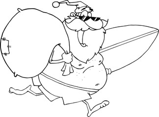 Outlined Santa Claus In Shorts, Running With A Surfboard And Bag