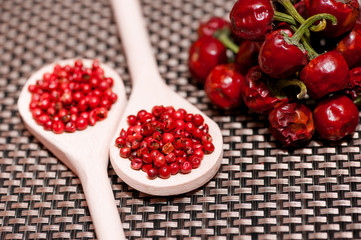 Close up of peppercorns and chili dried peppers