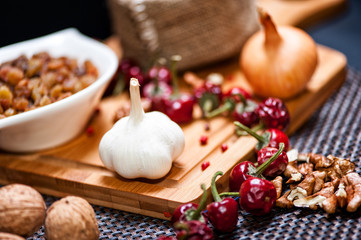 Fresh aromatic onions and garlic ready for cooking