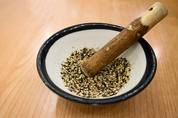 Black and White sesame in a grinder bowl