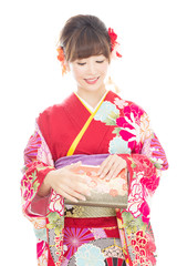 Beautiful asian kimono woman on white background