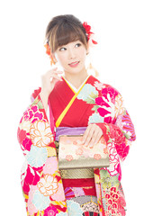 Beautiful asian kimono woman on white background