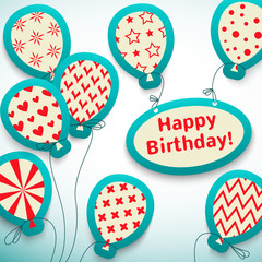 Happy birthday retro postcard with balloons. Vector