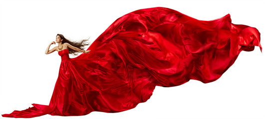 Woman in red dress, fabric waving, beautiful flying long tail