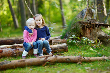 Naklejka na ściany i meble Two little sisters sitting on a big log