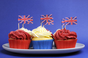 English theme red, white and blue cupcakes with Union Jack flags