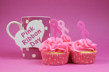 Pink cupcakes with Pink Ribbon symbols and polka dot coffee mug