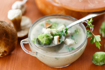 mushroom cream soup with brussels sprouts