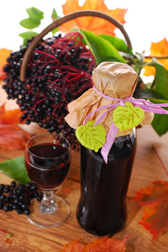 Elderberry Juice And Fresh Fruits In The Basket