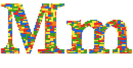 Letter M built from toy bricks in random colors