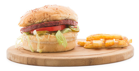 Sausage burger with french fries isolated on white background