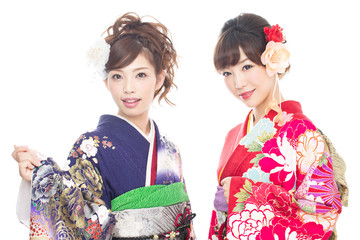 Beautiful asian kimono women on white background