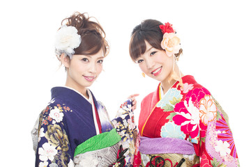Beautiful asian kimono women on white background