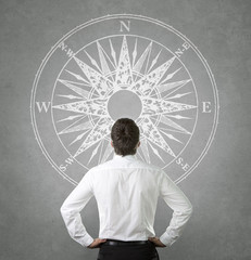 Confused, businessman looking at wind rose on the wall