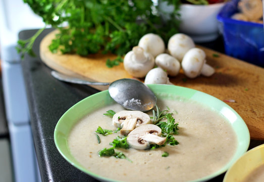 Fresh mushroom champignon soup prepared in blender
