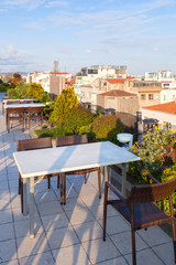 Empty cafe tables high over city, Istanbul